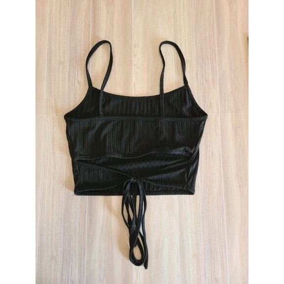 Shein Black Ribbed Crop Tank Petite XXS Tie Front Ruffle Detail Sleeveless Top - Picture 3 of 7